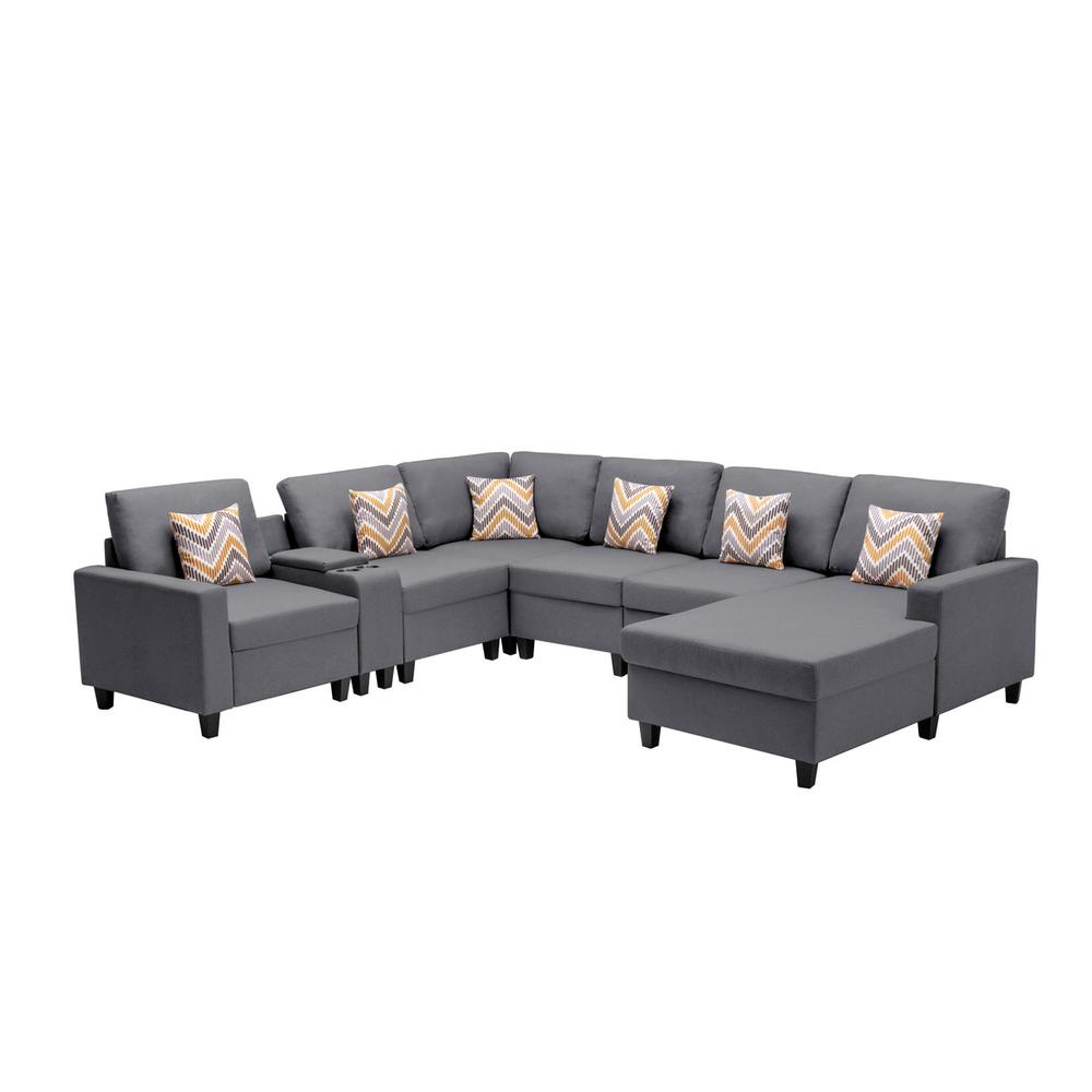 Nolan Gray Linen Fabric 7 Pc Reversible Chaise Sectional Sofa with a USB, Charging Ports, Cupholders, Storage Console Table and Pillows and Interchangeable Legs. Picture 5