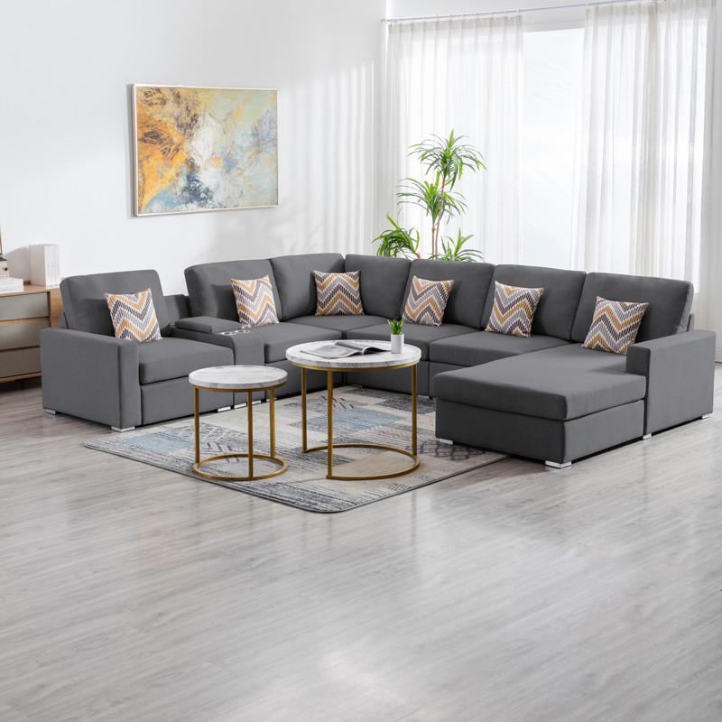 Nolan Gray Linen Fabric 7 Pc Reversible Chaise Sectional Sofa with a USB, Charging Ports, Cupholders, Storage Console Table and Pillows and Interchangeable Legs. Picture 4