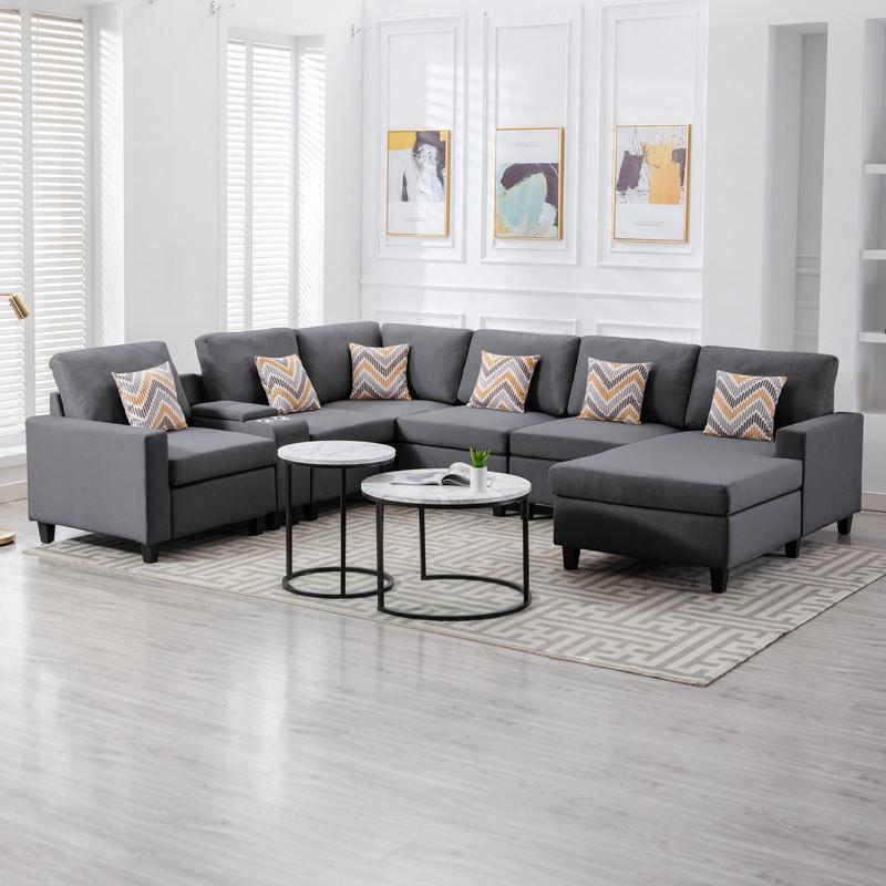 Nolan Gray Linen Fabric 7 Pc Reversible Chaise Sectional Sofa with a USB, Charging Ports, Cupholders, Storage Console Table and Pillows and Interchangeable Legs. Picture 3