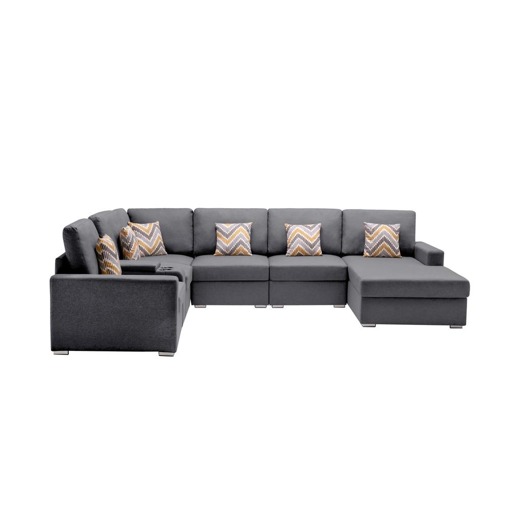 Nolan Gray Linen Fabric 7 Pc Reversible Chaise Sectional Sofa with a USB, Charging Ports, Cupholders, Storage Console Table and Pillows and Interchangeable Legs. Picture 2