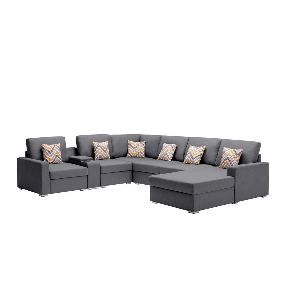 Nolan Gray Linen Fabric 7 Pc Reversible Chaise Sectional Sofa with a USB, Charging Ports, Cupholders, Storage Console Table and Pillows and Interchangeable Legs. Picture 1