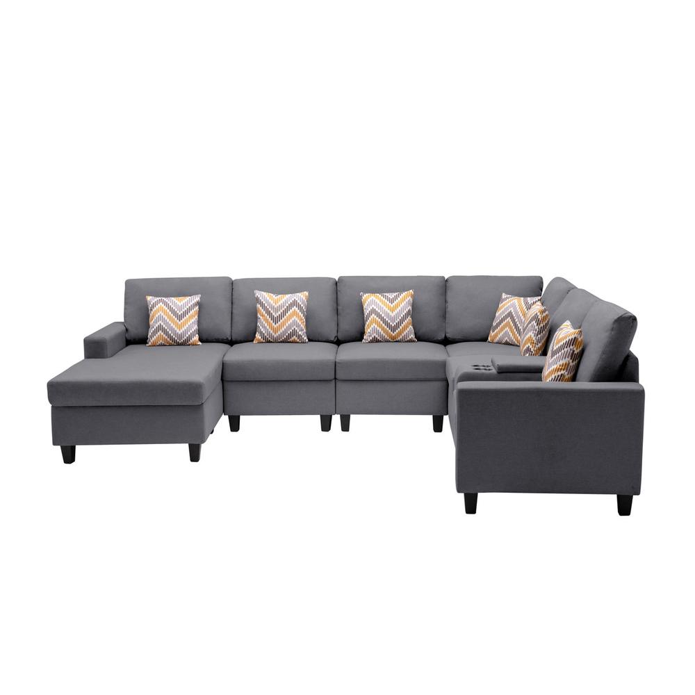 Nolan Gray Linen Fabric 7-Pc Reversible Chaise Sectional Sofa with a USB, Charging Ports, Cupholders, Storage Console Table and Pillows and Interchangeable Legs. Picture 6