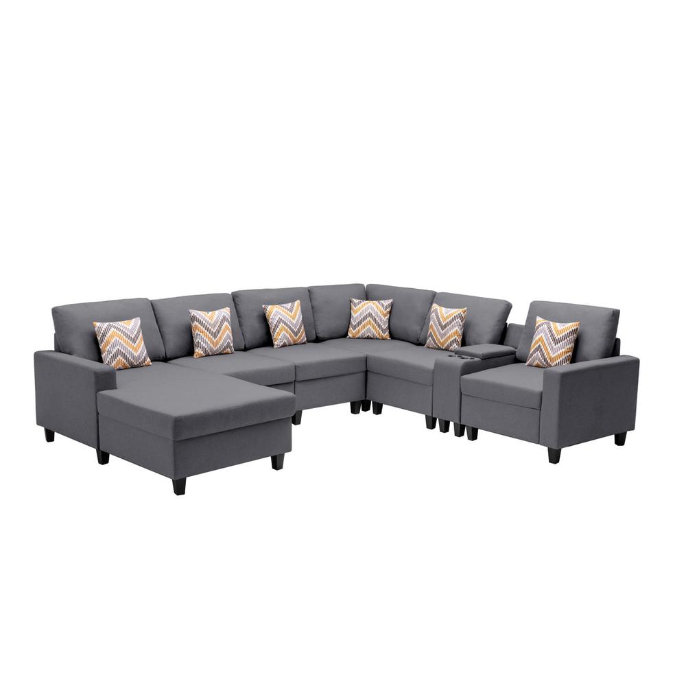 Nolan Gray Linen Fabric 7-Pc Reversible Chaise Sectional Sofa with a USB, Charging Ports, Cupholders, Storage Console Table and Pillows and Interchangeable Legs. Picture 5