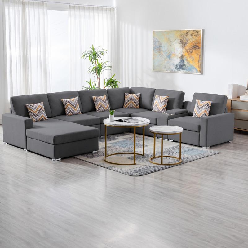 Nolan Gray Linen Fabric 7-Pc Reversible Chaise Sectional Sofa with a USB, Charging Ports, Cupholders, Storage Console Table and Pillows and Interchangeable Legs. Picture 4
