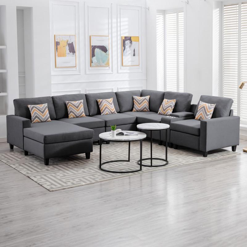 Nolan Gray Linen Fabric 7-Pc Reversible Chaise Sectional Sofa with a USB, Charging Ports, Cupholders, Storage Console Table and Pillows and Interchangeable Legs. Picture 4