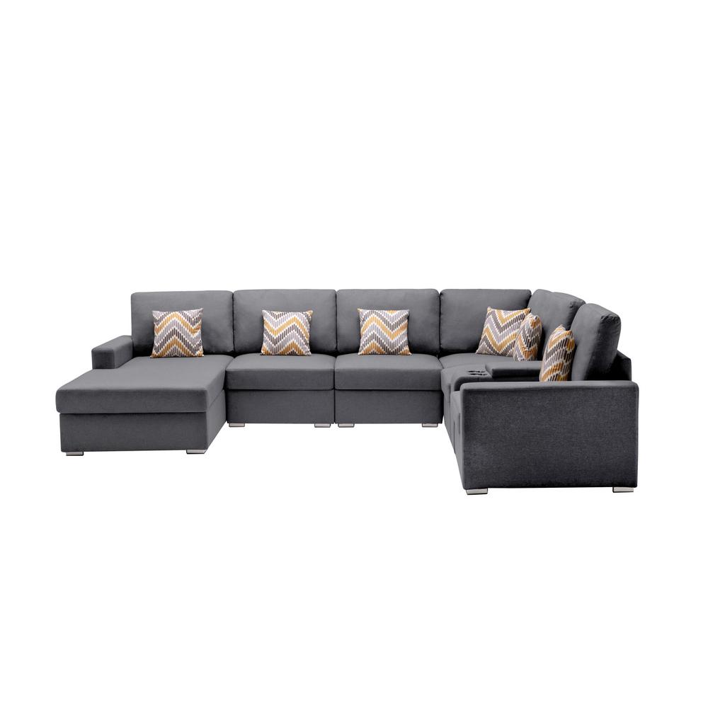 Nolan Gray Linen Fabric 7-Pc Reversible Chaise Sectional Sofa with a USB, Charging Ports, Cupholders, Storage Console Table and Pillows and Interchangeable Legs. Picture 3