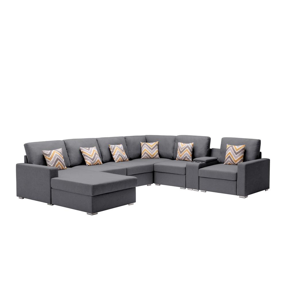 Nolan Gray Linen Fabric 7-Pc Reversible Chaise Sectional Sofa with a USB, Charging Ports, Cupholders, Storage Console Table and Pillows and Interchangeable Legs. Picture 1