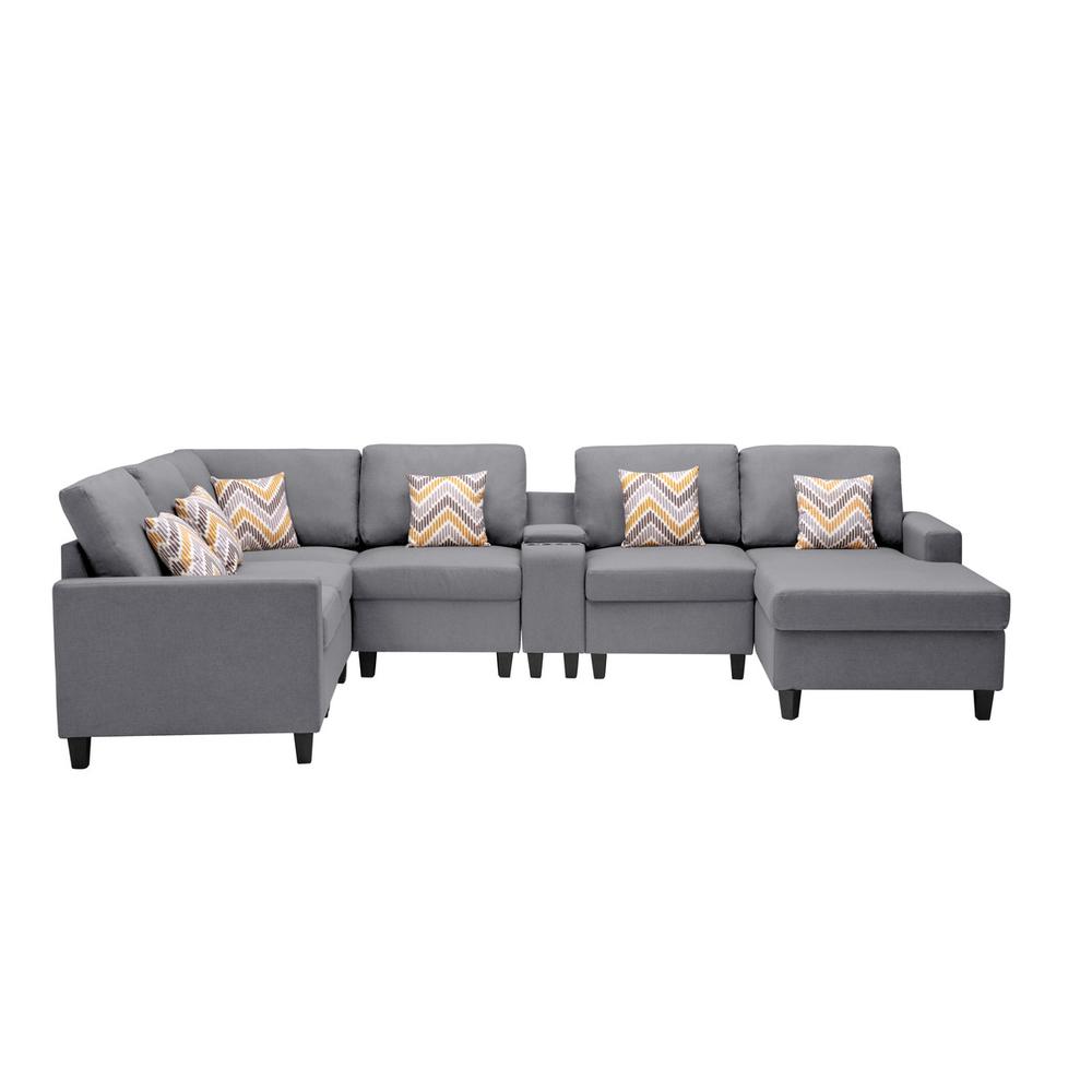 Nolan Gray Linen Fabric 7 - Pc Reversible Chaise Sectional Sofa with a USB, Charging Ports, Cupholders, Storage Console Table and Pillows and Interchangeable Legs. Picture 6