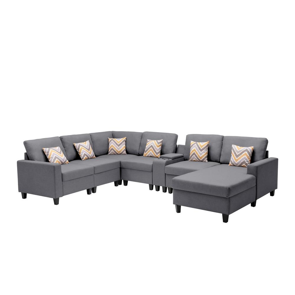 Nolan Gray Linen Fabric 7 - Pc Reversible Chaise Sectional Sofa with a USB, Charging Ports, Cupholders, Storage Console Table and Pillows and Interchangeable Legs. Picture 5