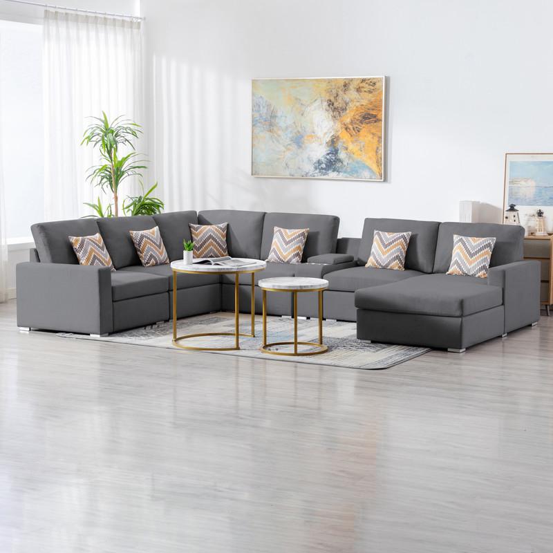 Nolan Gray Linen Fabric 7 - Pc Reversible Chaise Sectional Sofa with a USB, Charging Ports, Cupholders, Storage Console Table and Pillows and Interchangeable Legs. Picture 4
