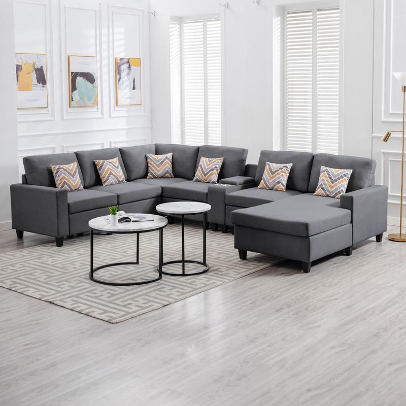 Nolan Gray Linen Fabric 7 - Pc Reversible Chaise Sectional Sofa with a USB, Charging Ports, Cupholders, Storage Console Table and Pillows and Interchangeable Legs. Picture 3