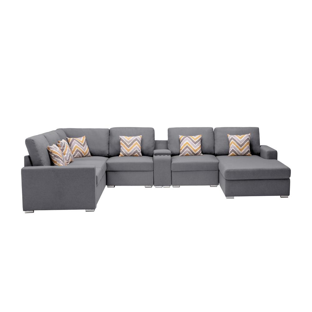Nolan Gray Linen Fabric 7 - Pc Reversible Chaise Sectional Sofa with a USB, Charging Ports, Cupholders, Storage Console Table and Pillows and Interchangeable Legs. Picture 2