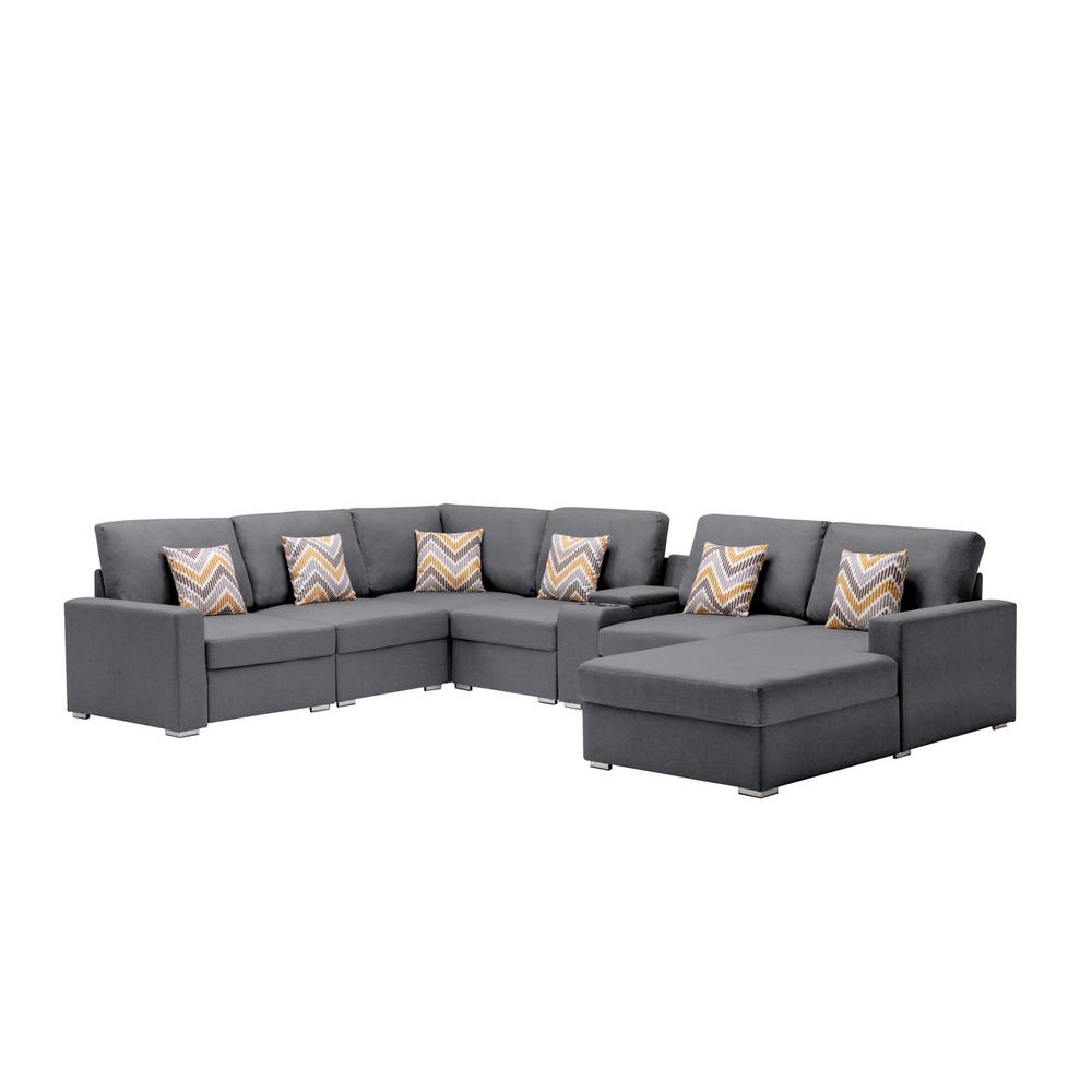 Nolan Gray Linen Fabric 7 - Pc Reversible Chaise Sectional Sofa with a USB, Charging Ports, Cupholders, Storage Console Table and Pillows and Interchangeable Legs. Picture 1