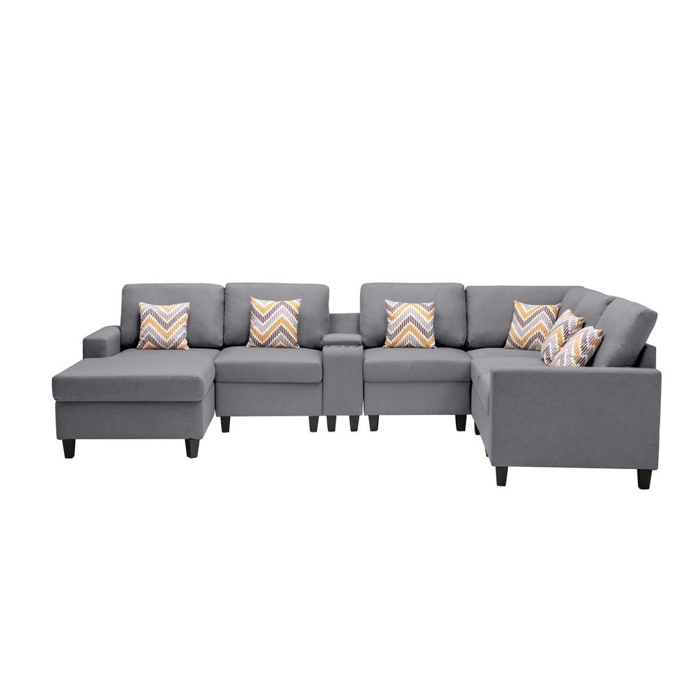 Nolan Gray Linen Fabric 7Pc Reversible Chaise Sectional Sofa with a USB, Charging Ports, Cupholders, Storage Console Table and Pillows and Interchangeable Legs. Picture 6