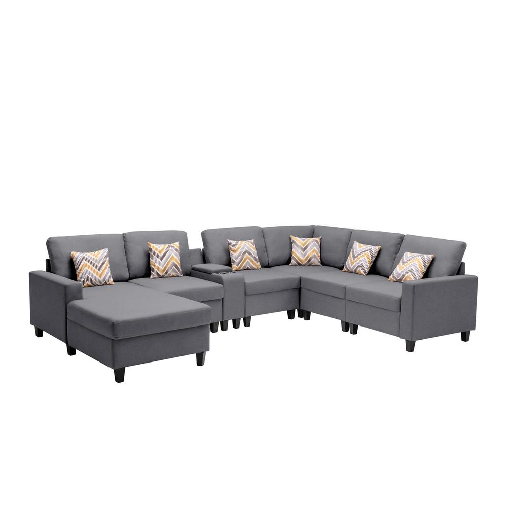 Nolan Gray Linen Fabric 7Pc Reversible Chaise Sectional Sofa with a USB, Charging Ports, Cupholders, Storage Console Table and Pillows and Interchangeable Legs. Picture 5
