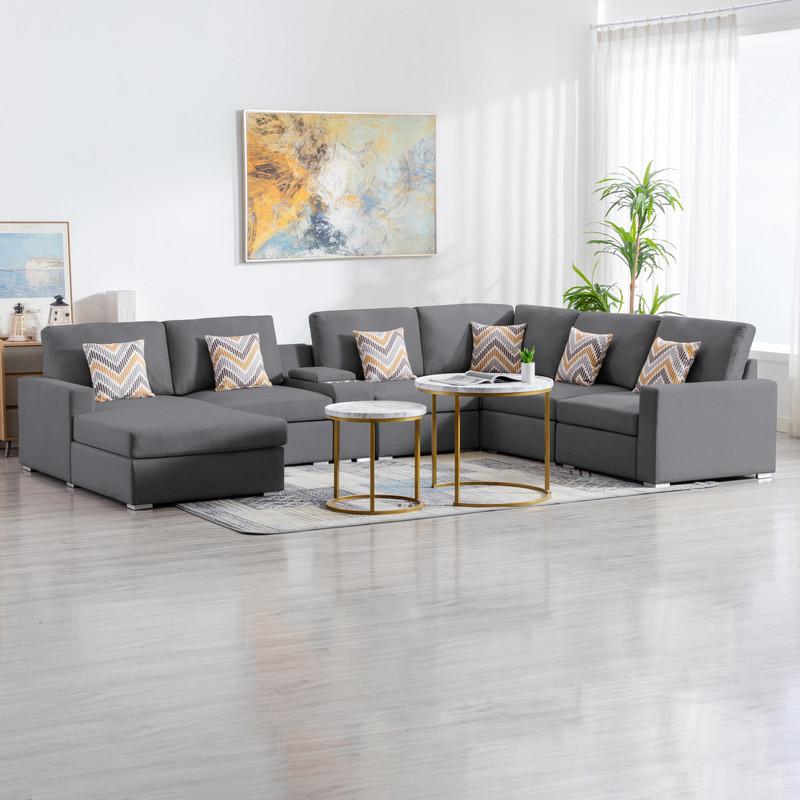 Nolan Gray Linen Fabric 7Pc Reversible Chaise Sectional Sofa with a USB, Charging Ports, Cupholders, Storage Console Table and Pillows and Interchangeable Legs. Picture 2
