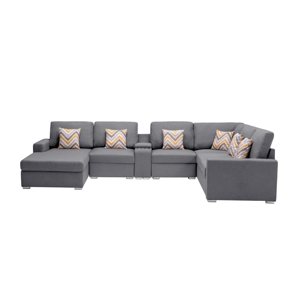 Nolan Gray Linen Fabric 7Pc Reversible Chaise Sectional Sofa with a USB, Charging Ports, Cupholders, Storage Console Table and Pillows and Interchangeable Legs. Picture 3