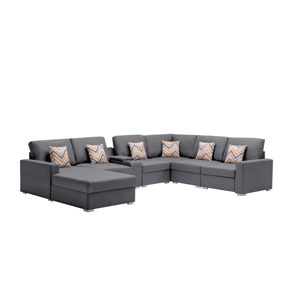 Nolan Gray Linen Fabric 7Pc Reversible Chaise Sectional Sofa with a USB, Charging Ports, Cupholders, Storage Console Table and Pillows and Interchangeable Legs. Picture 1