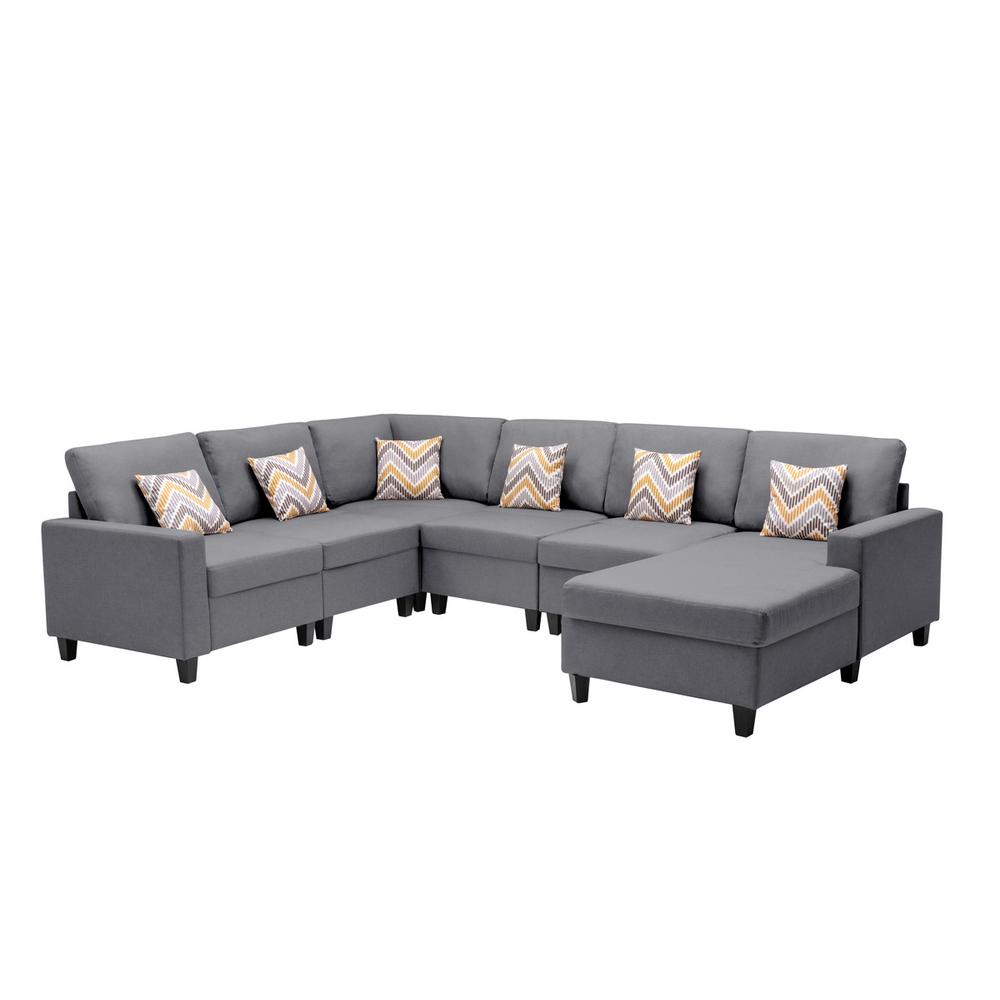 Nolan Gray Linen Fabric 6 Pc Reversible Chaise Sectional Sofa with Pillows and Interchangeable Legs. Picture 5