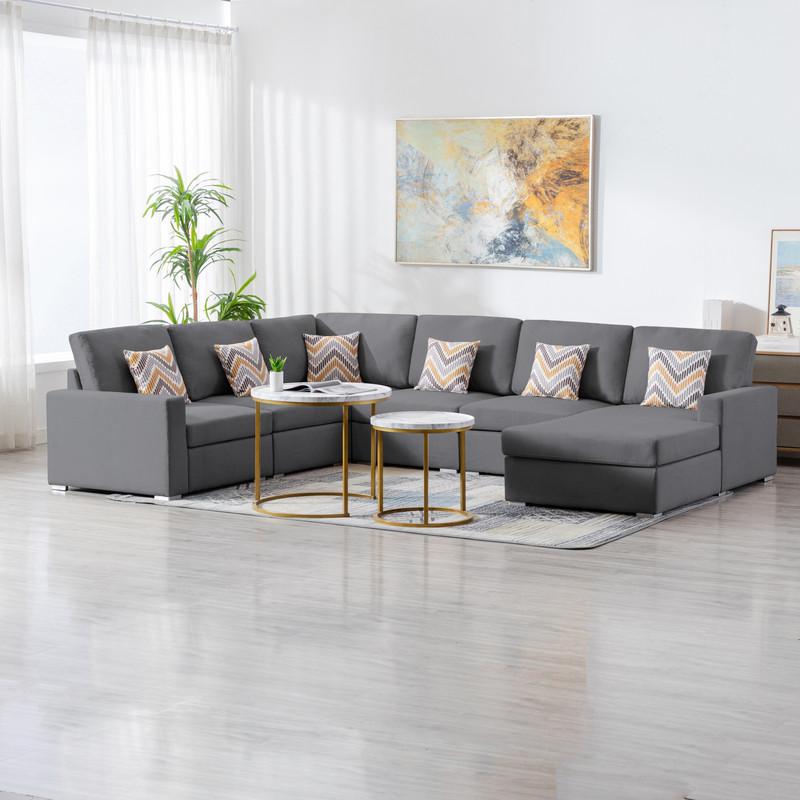 Nolan Gray Linen Fabric 6 Pc Reversible Chaise Sectional Sofa with Pillows and Interchangeable Legs. Picture 4