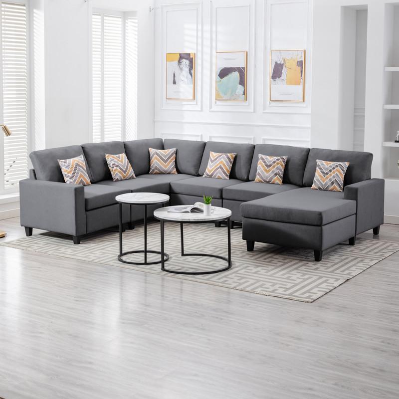 Nolan Gray Linen Fabric 6 Pc Reversible Chaise Sectional Sofa with Pillows and Interchangeable Legs. Picture 3