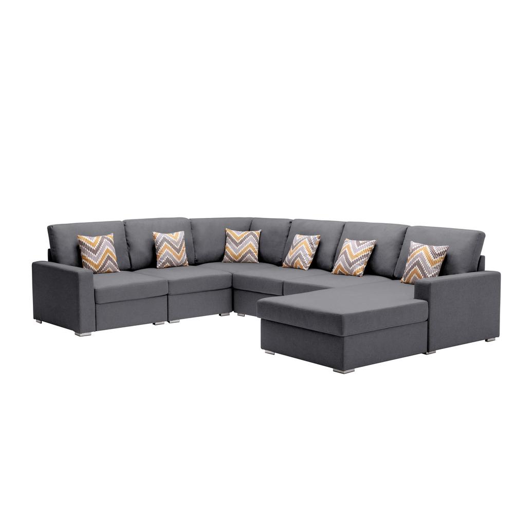 Nolan Gray Linen Fabric 6 Pc Reversible Chaise Sectional Sofa with Pillows and Interchangeable Legs. Picture 1