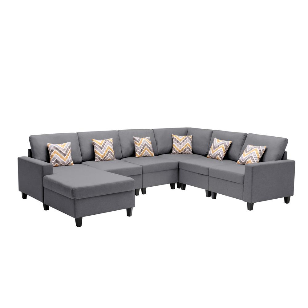 Nolan Gray Linen Fabric 6Pc Reversible Chaise Sectional Sofa with Pillows and Interchangeable Legs. Picture 5