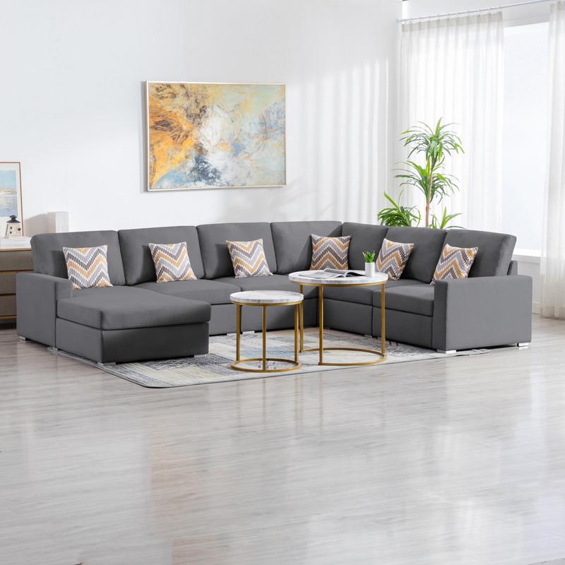 Nolan Gray Linen Fabric 6Pc Reversible Chaise Sectional Sofa with Pillows and Interchangeable Legs. Picture 4