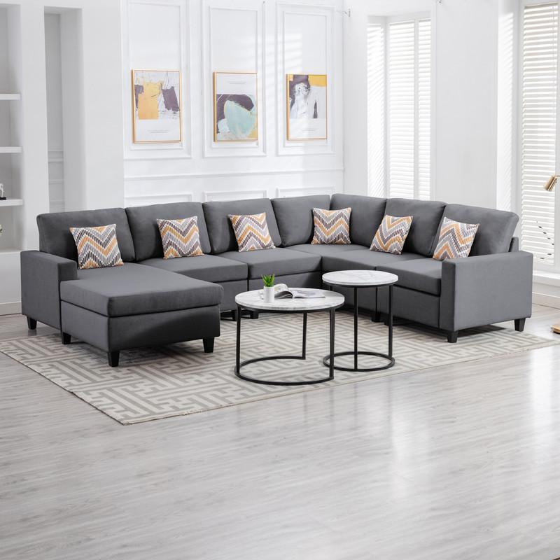 Nolan Gray Linen Fabric 6Pc Reversible Chaise Sectional Sofa with Pillows and Interchangeable Legs. Picture 3