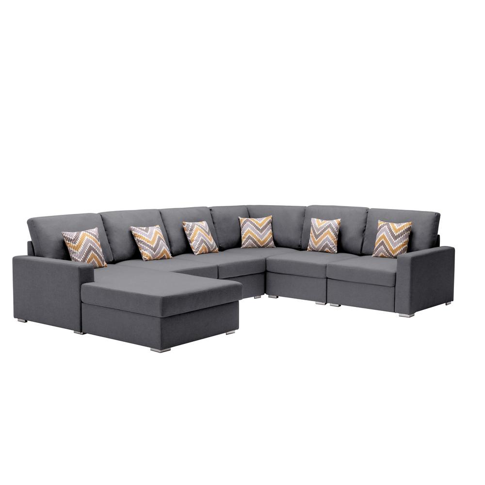 Nolan Gray Linen Fabric 6Pc Reversible Chaise Sectional Sofa with Pillows and Interchangeable Legs. Picture 1