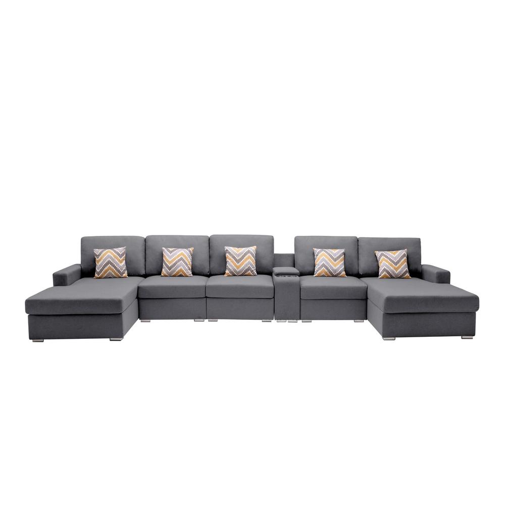 Nolan Gray Linen Fabric 6 Pc Double Chaise Sectional Sofa with Interchangeable Legs, a USB, Charging Ports, Cupholders, Storage Console Table and Pillows. Picture 2