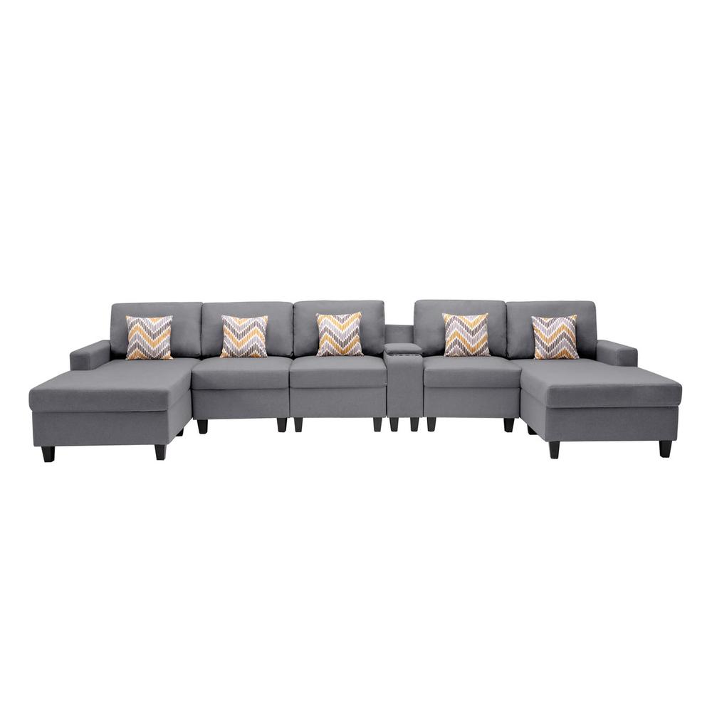 Nolan Gray Linen Fabric 6 Pc Double Chaise Sectional Sofa with Interchangeable Legs, a USB, Charging Ports, Cupholders, Storage Console Table and Pillows. Picture 6