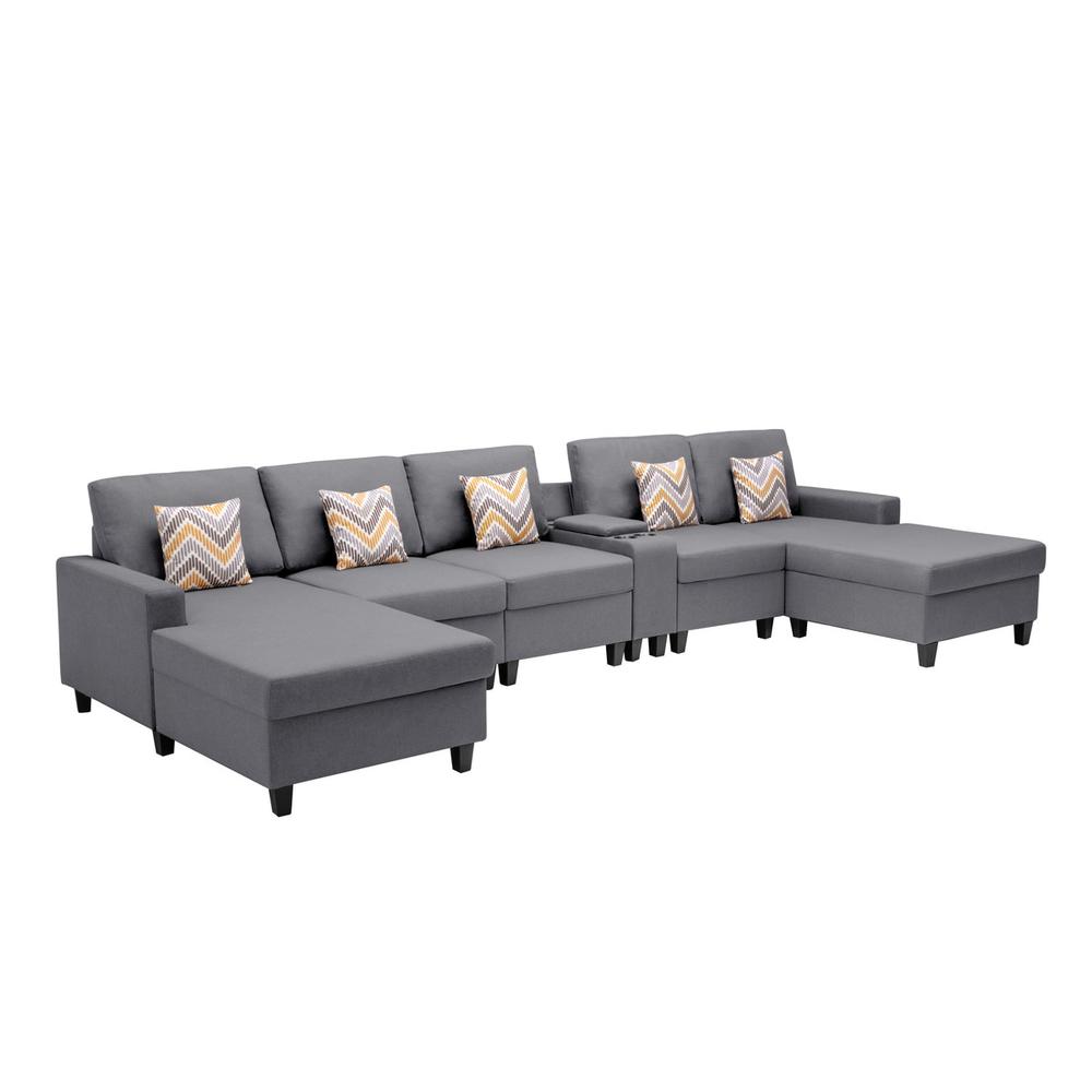 Nolan Gray Linen Fabric 6 Pc Double Chaise Sectional Sofa with Interchangeable Legs, a USB, Charging Ports, Cupholders, Storage Console Table and Pillows. Picture 5