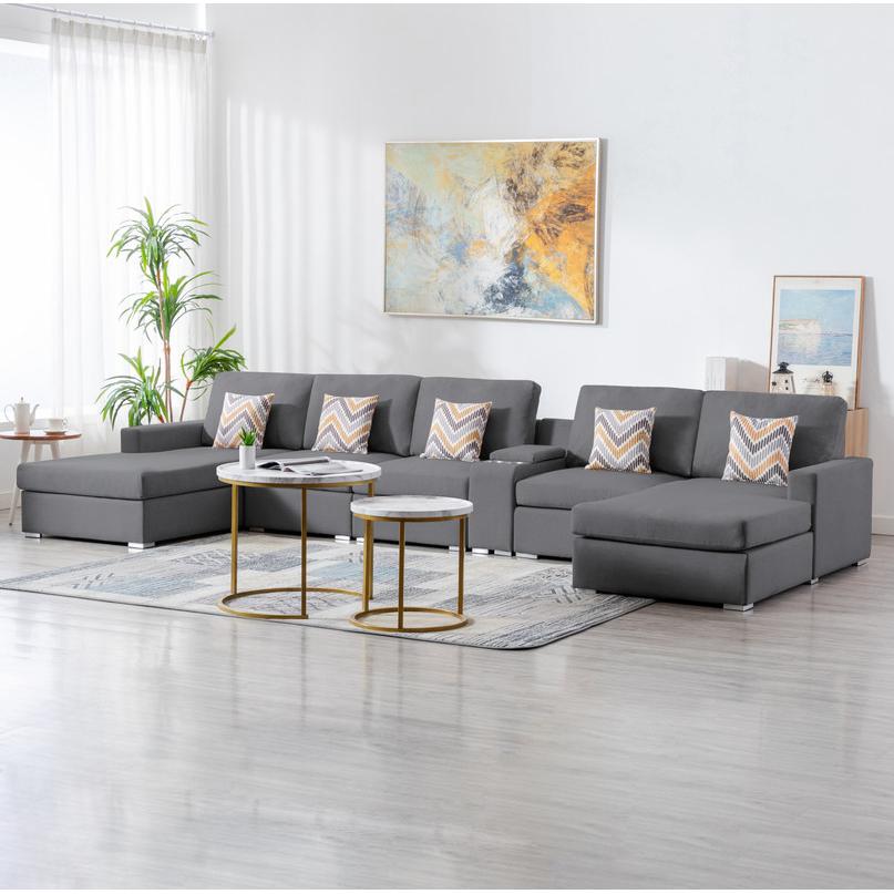 Nolan Gray Linen Fabric 6 Pc Double Chaise Sectional Sofa with Interchangeable Legs, a USB, Charging Ports, Cupholders, Storage Console Table and Pillows. Picture 4
