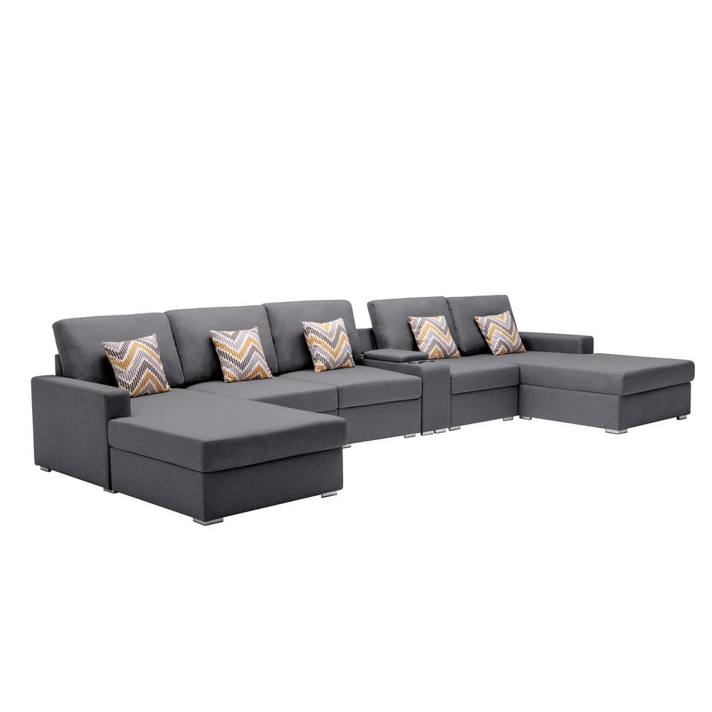 Nolan Gray Linen Fabric 6 Pc Double Chaise Sectional Sofa with Interchangeable Legs, a USB, Charging Ports, Cupholders, Storage Console Table and Pillows. Picture 1