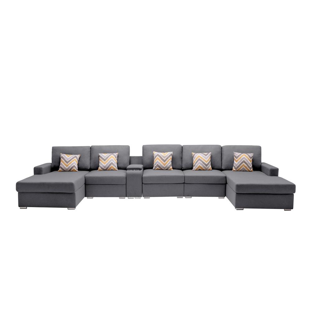 Nolan Gray Linen Fabric 6Pc Double Chaise Sectional Sofa with Interchangeable Legs, a USB, Charging Ports, Cupholders, Storage Console Table and Pillows. Picture 3