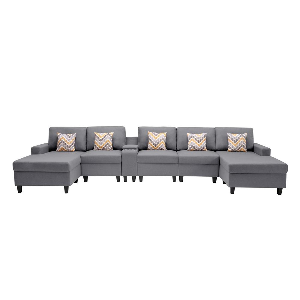 Nolan Gray Linen Fabric 6Pc Double Chaise Sectional Sofa with Interchangeable Legs, a USB, Charging Ports, Cupholders, Storage Console Table and Pillows. Picture 6