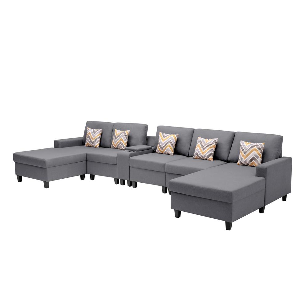 Nolan Gray Linen Fabric 6Pc Double Chaise Sectional Sofa with Interchangeable Legs, a USB, Charging Ports, Cupholders, Storage Console Table and Pillows. Picture 5