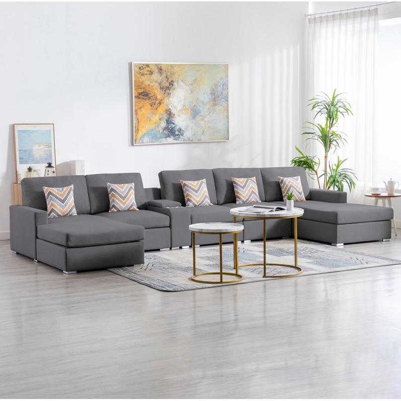 Nolan Gray Linen Fabric 6Pc Double Chaise Sectional Sofa with Interchangeable Legs, a USB, Charging Ports, Cupholders, Storage Console Table and Pillows. Picture 2