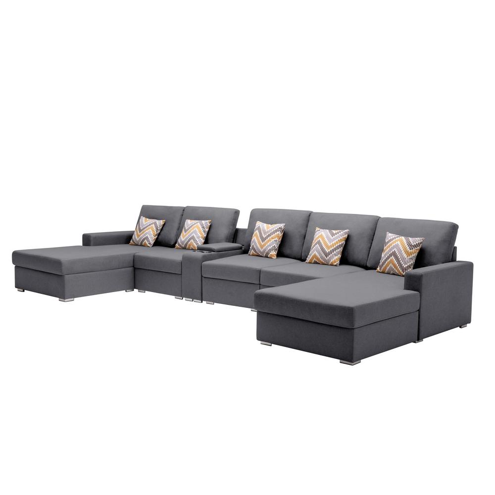 Nolan Gray Linen Fabric 6Pc Double Chaise Sectional Sofa with Interchangeable Legs, a USB, Charging Ports, Cupholders, Storage Console Table and Pillows. Picture 1