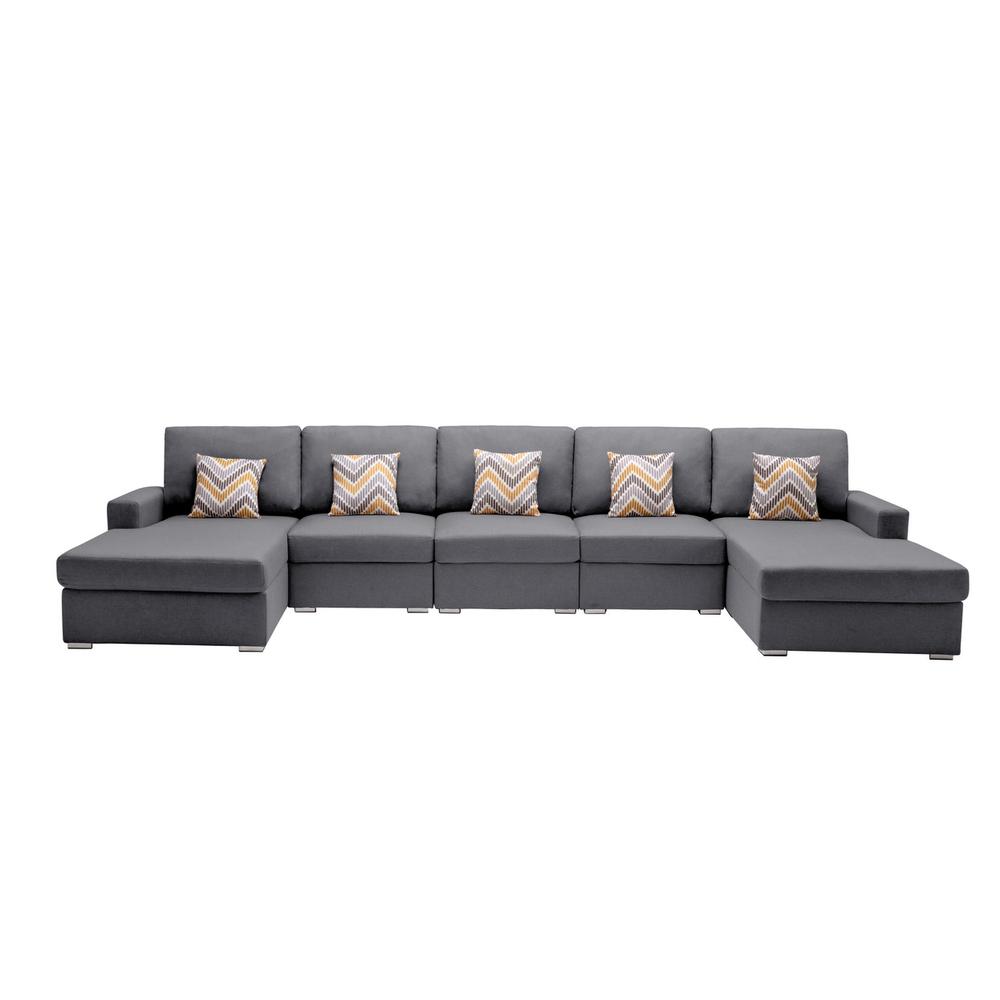 Nolan Gray Linen Fabric 5Pc Double Chaise Sectional Sofa with Pillows and Interchangeable Legs. Picture 2