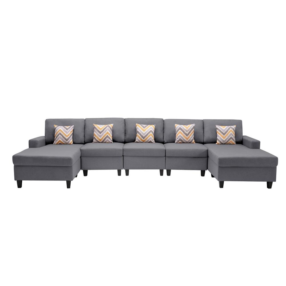 Nolan Gray Linen Fabric 5Pc Double Chaise Sectional Sofa with Pillows and Interchangeable Legs. Picture 6