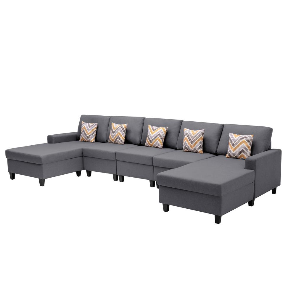 Nolan Gray Linen Fabric 5Pc Double Chaise Sectional Sofa with Pillows and Interchangeable Legs. Picture 5