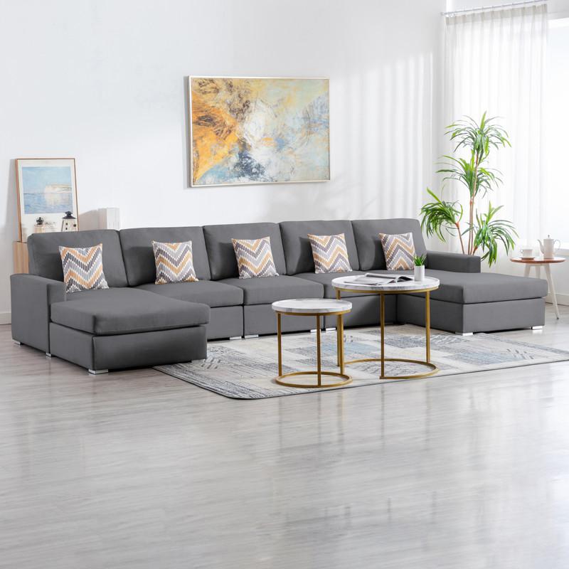 Nolan Gray Linen Fabric 5Pc Double Chaise Sectional Sofa with Pillows and Interchangeable Legs. Picture 4