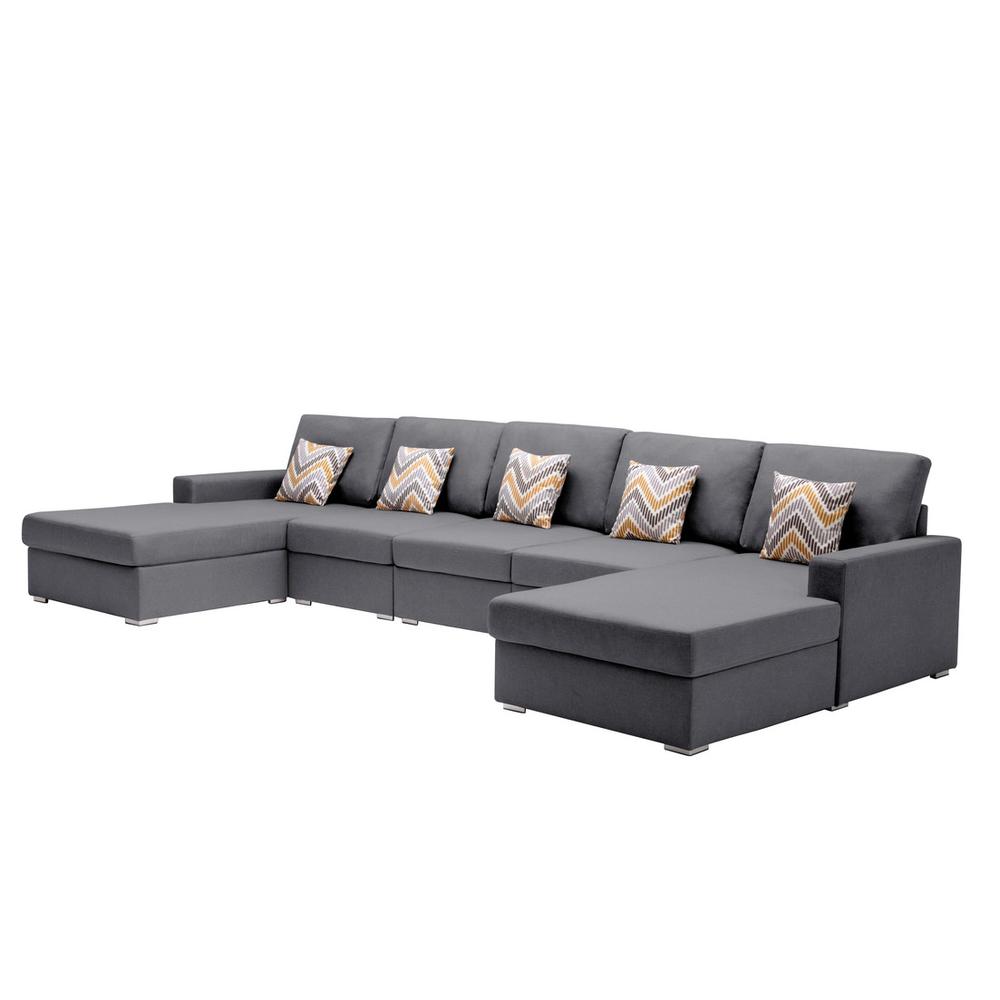 Nolan Gray Linen Fabric 5Pc Double Chaise Sectional Sofa with Pillows and Interchangeable Legs. Picture 1
