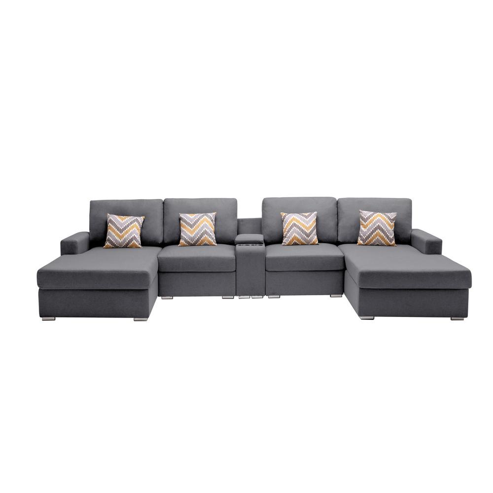 Nolan Gray Linen Fabric 5Pc Double Chaise Sectional Sofa with Interchangeable Legs, a USB, Charging Ports, Cupholders, Storage Console Table and Pillows. Picture 3