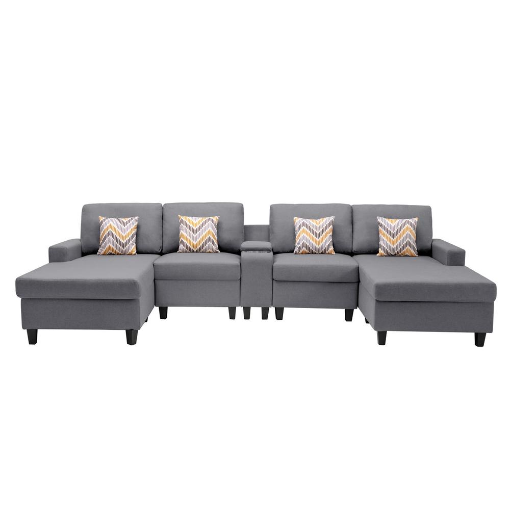 Nolan Gray Linen Fabric 5Pc Double Chaise Sectional Sofa with Interchangeable Legs, a USB, Charging Ports, Cupholders, Storage Console Table and Pillows. Picture 6