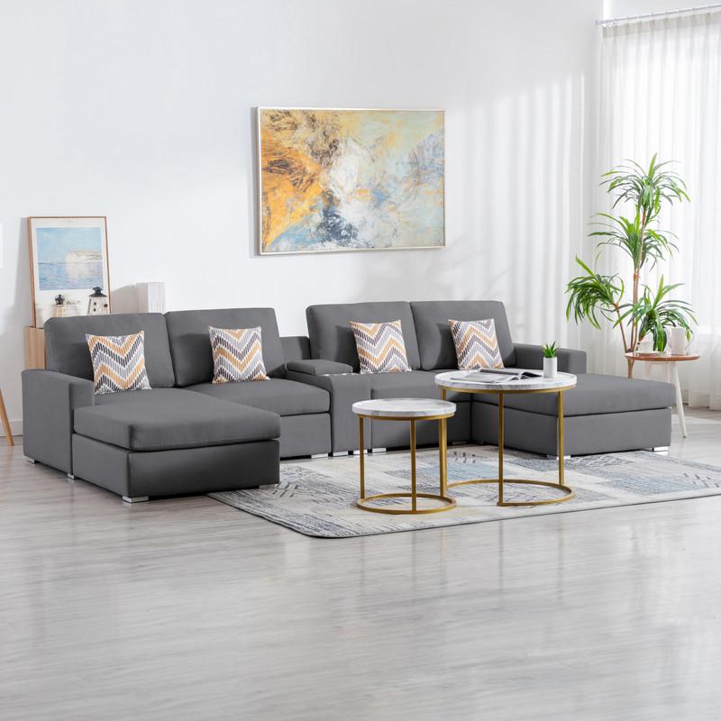 Nolan Gray Linen Fabric 5Pc Double Chaise Sectional Sofa with Interchangeable Legs, a USB, Charging Ports, Cupholders, Storage Console Table and Pillows. Picture 2