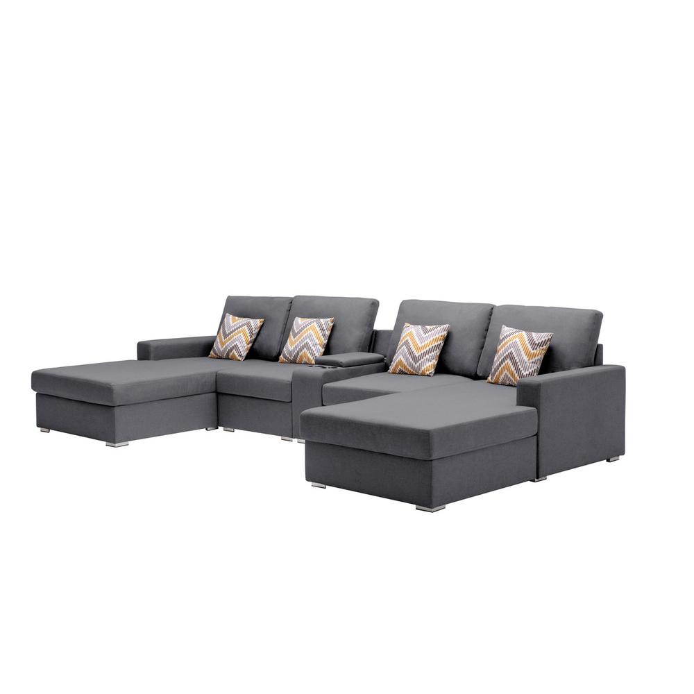 Nolan Gray Linen Fabric 5Pc Double Chaise Sectional Sofa with Interchangeable Legs, a USB, Charging Ports, Cupholders, Storage Console Table and Pillows. The main picture.