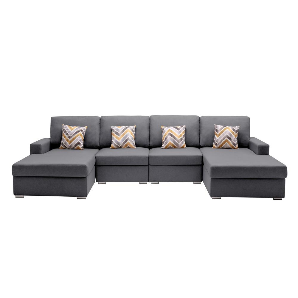 Nolan Gray Linen Fabric 4Pc Double Chaise Sectional Sofa with Pillows and Interchangeable Legs. Picture 3
